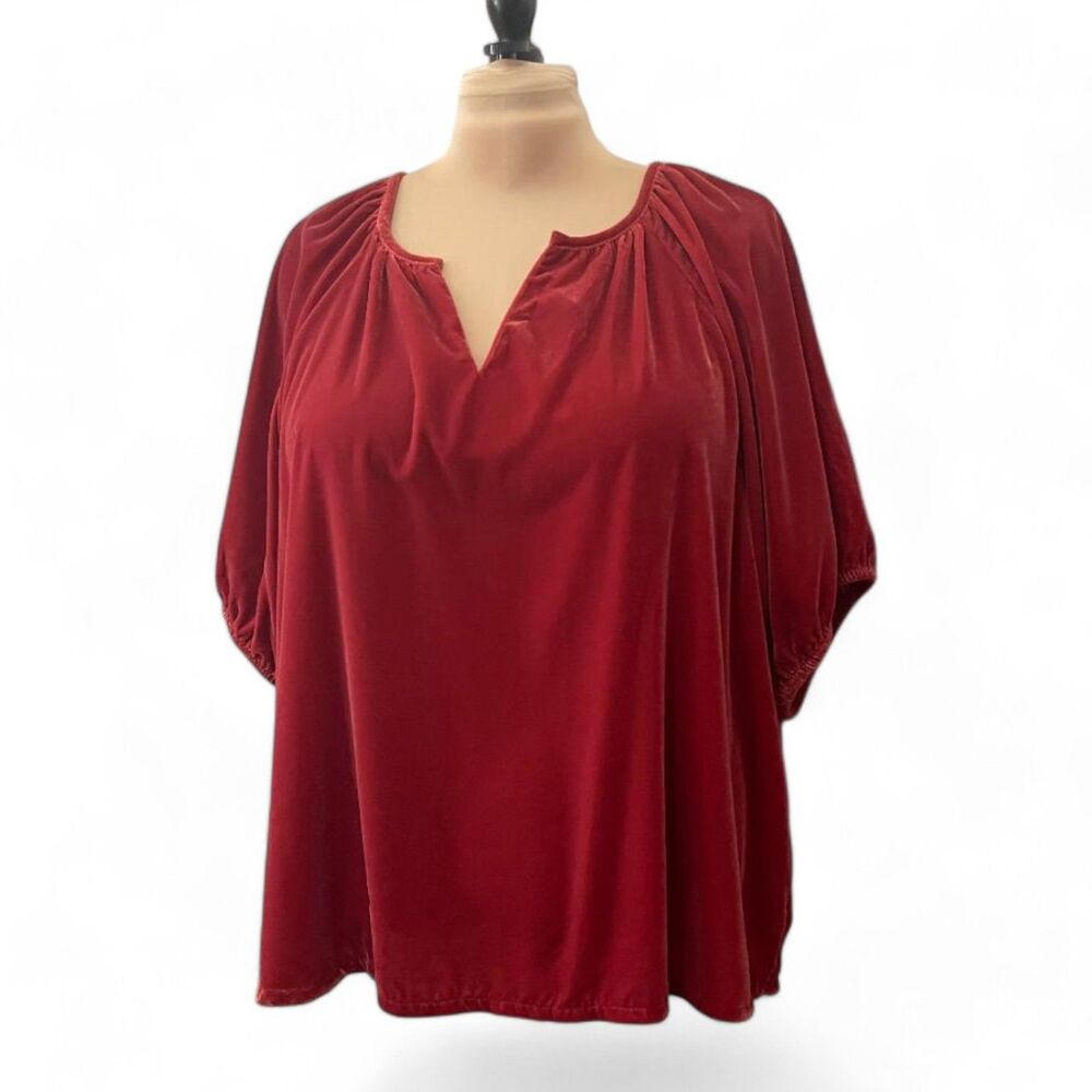 OLD NAVY Elbow-Sleeve Split-Neck Brick Red Velvet Swing Blouse, Size XXL